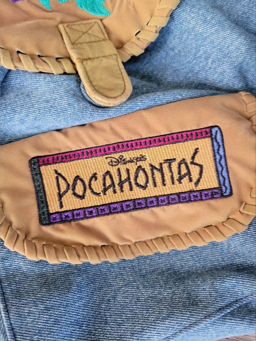 Rare vintage DISNEY STORE POCAHONTAS Denim & Suede Backpack Book Bag Pocket 1995 - Picture 8 of 8